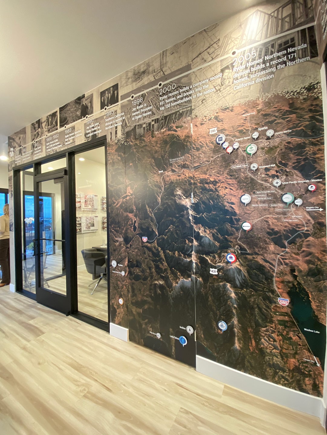 interior office wall with timeline